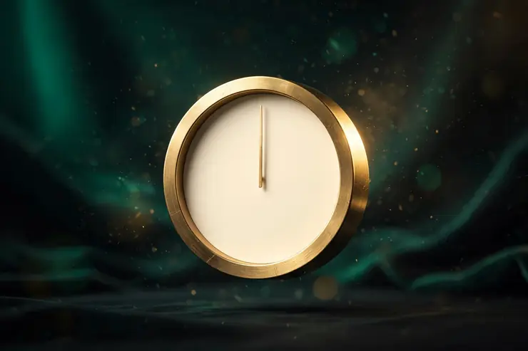 Une horloge ronde au cadre doré et au cadran crème vierge, sur fond émeraude sombre