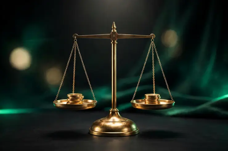 Une balance en laiton en équilibre, une petite pile de pièces d'or sur chaque plateau, sur fond émeraude