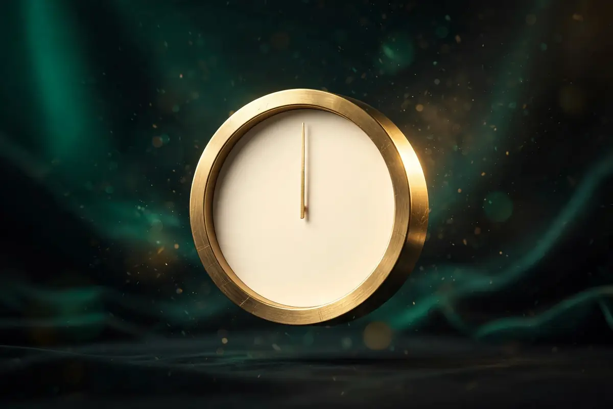 Une horloge ronde au cadre doré et au cadran crème vierge, sur fond émeraude sombre