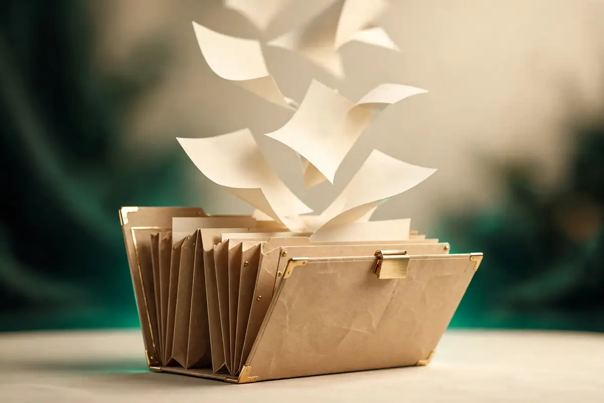 Un classeur accordéon beige rempli de dossiers, des feuilles blanches s'en envolant, sur fond crème et émeraude