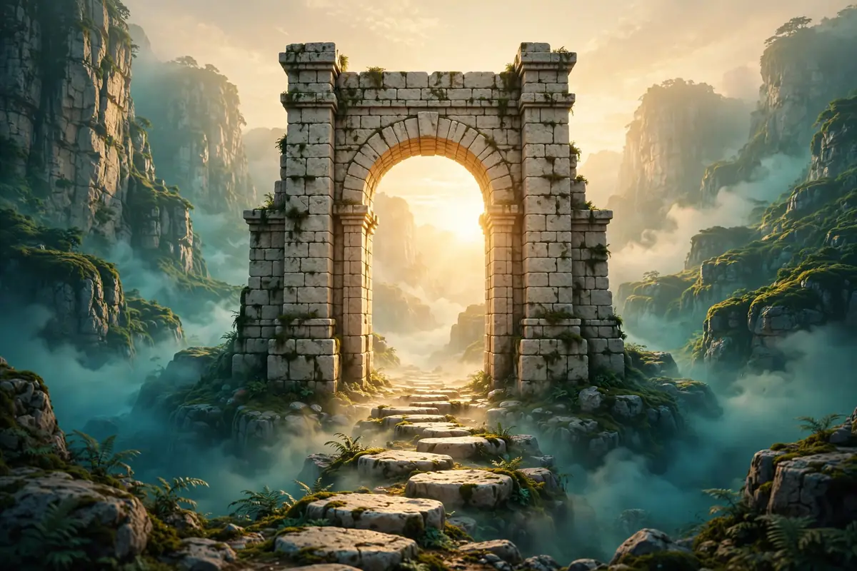 Une arche de pierre ancienne au bout d'un sentier de pierres, entre des falaises brumeuses au lever du soleil