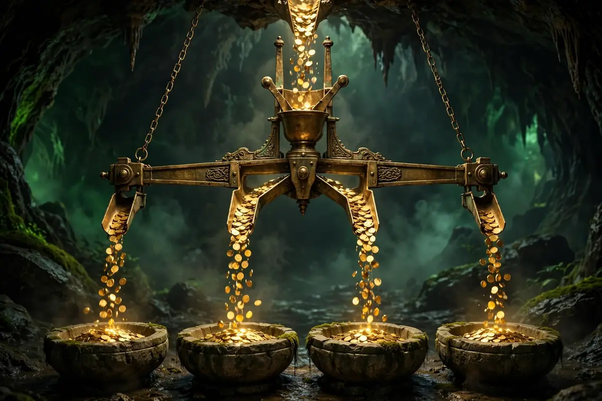 Balance monumentale en laiton répartissant des pièces d'or en quatre coupes de pierre