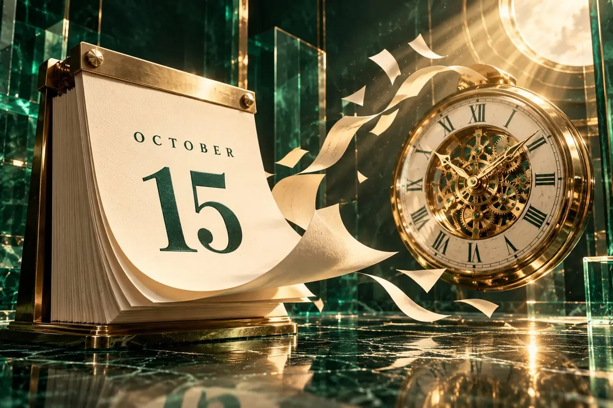Missed tax extension deadline 2026: a brass desk calendar showing October 15 with pages flipping away beside a racing golden clock, a cinematic 3D illustration of time running out on the October 15 IRS extension deadline.
