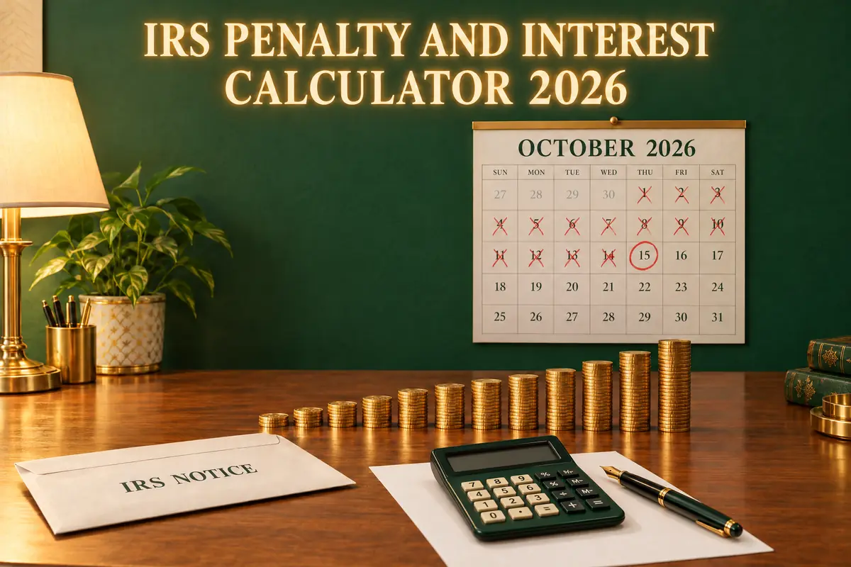 IRS penalty and interest calculator 2026: a desktop calculator and fountain pen resting on a sheet of paper beside an IRS notice envelope and gold coin stacks growing taller month by month, under an October 2026 calendar with days 1 to 14 crossed out in red and October 15 circled.