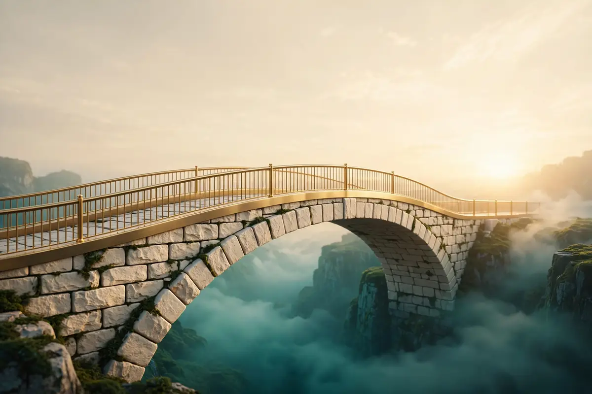 A stone arch bridge with gold railings crossing a misty gorge at sunrise, the hero image for the SAVE plan ending guide.