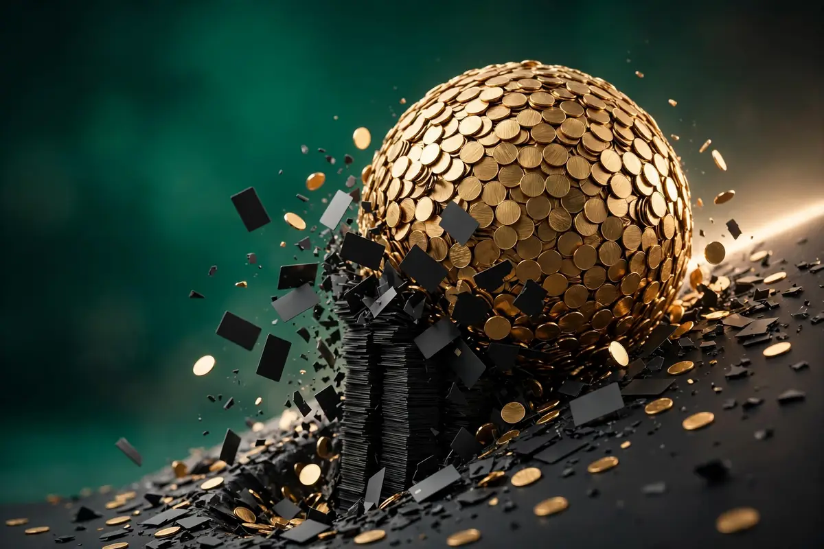 A large ball made of gold coins rolling over black credit cards and shattering them, the hero image for the debt avalanche vs snowball guide.