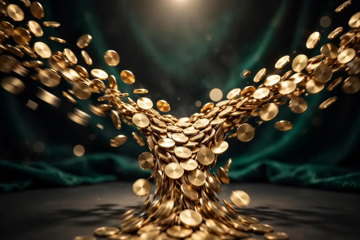 Gold coins pouring down in a twisting stream against dark green drapery, the hero image for the second income guide.