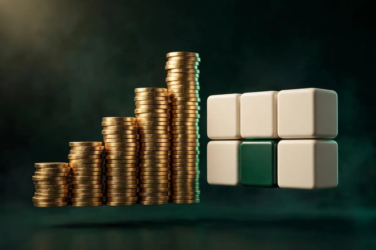 Five stacks of gold coins rising in height beside cream and green calendar blocks, the hero image for the irregular income budgeting guide.