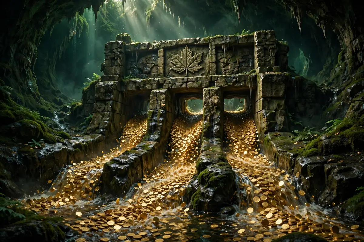 3D cinematic render of a carved stone sluice splitting a river of gold coins into three channels, a maple leaf engraved above, a metaphor for sole proprietor taxes in Canada 2026