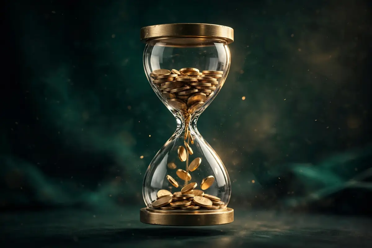 A brass hourglass with gold coins falling through it, the hero image for the freelancer quarterly taxes guide.