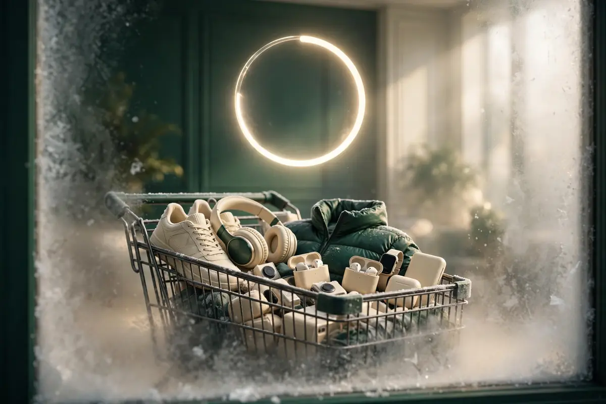 3D cinematic render of a frosted window with a glowing golden 24-hour cooldown ring above a shopping basket of impulse-buy gadgets, sneakers, headphones, earbuds, a smartwatch, and a puffer jacket, a metaphor for beating impulse buys