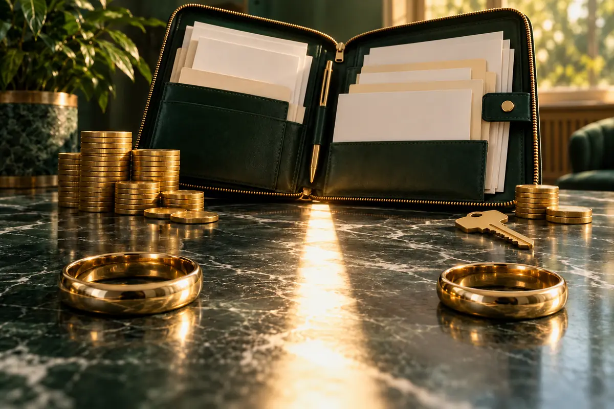 An open dark green document organizer with blank papers and a gold pen on a dark marble table, with stacks of gold coins, a house key, and two gold wedding rings