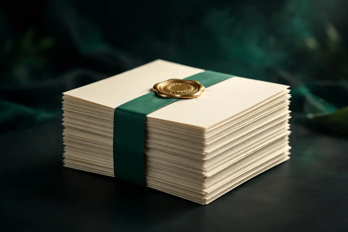 A thick stack of cream paper bound with a dark green ribbon and a gold wax seal on a dark surface