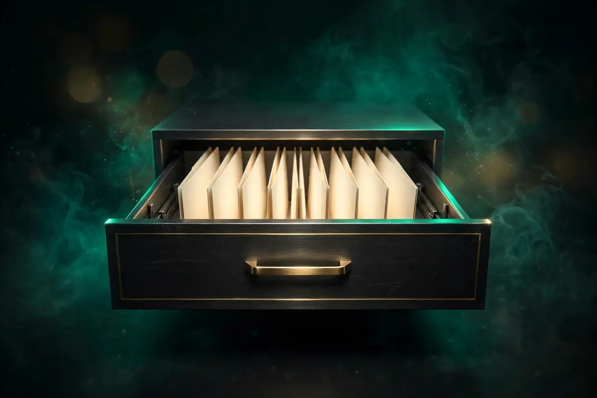 An open dark filing cabinet drawer filled with cream file folders and a gold handle, against a dark emerald background