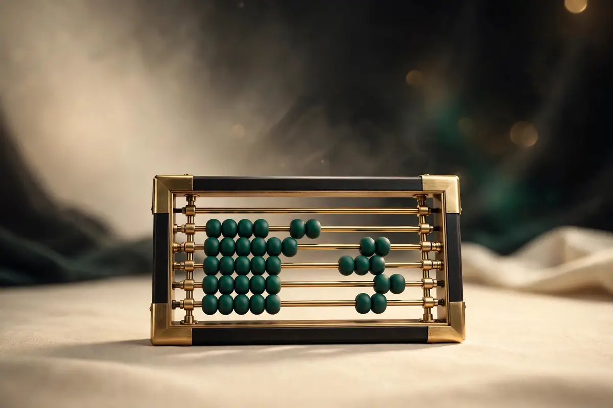 A brass and dark wood abacus with dark green beads on a light cloth surface