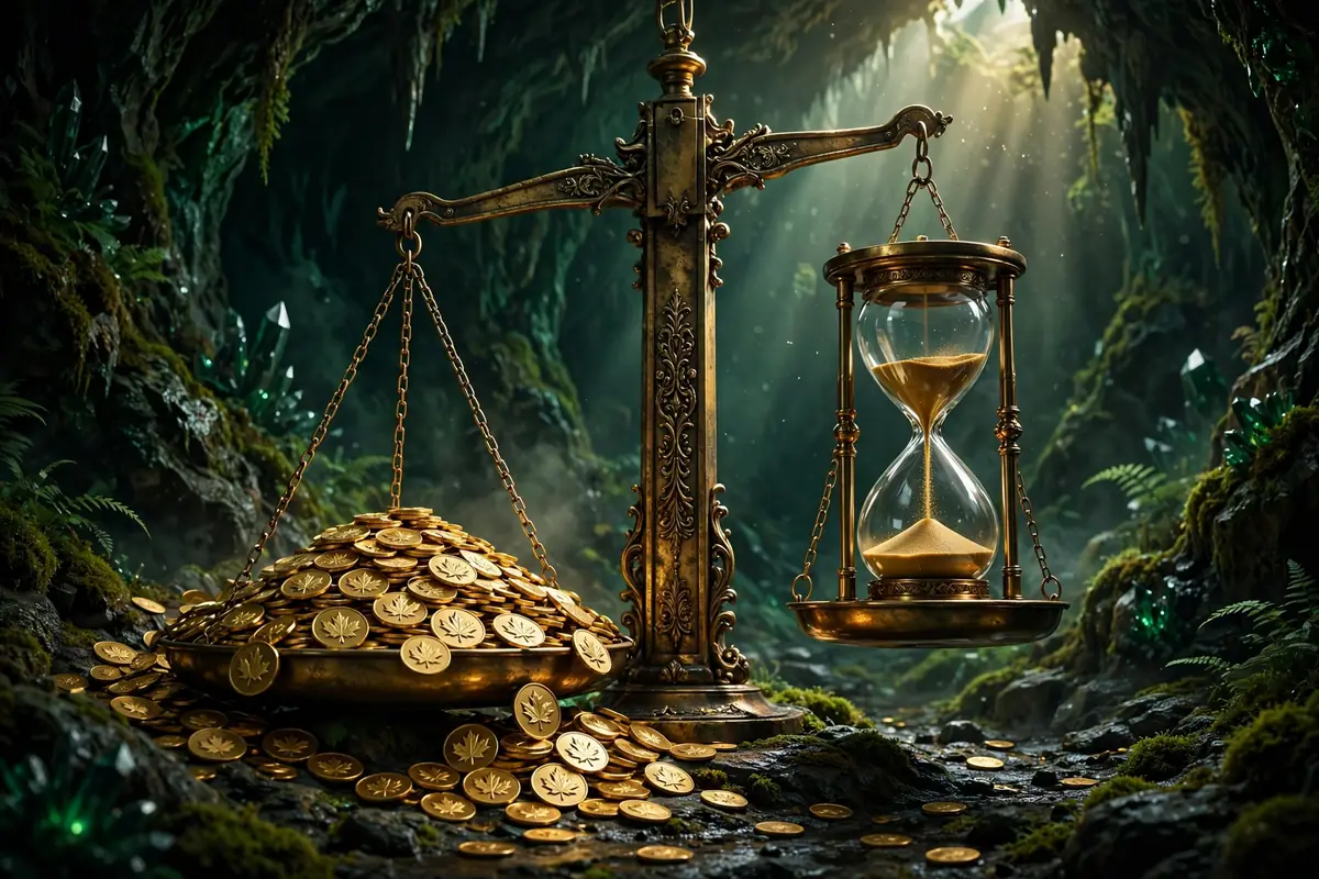 3D cinematic render of a monumental brass balance scale weighing gold maple-leaf coins against a glass hourglass in a dark emerald cavern
