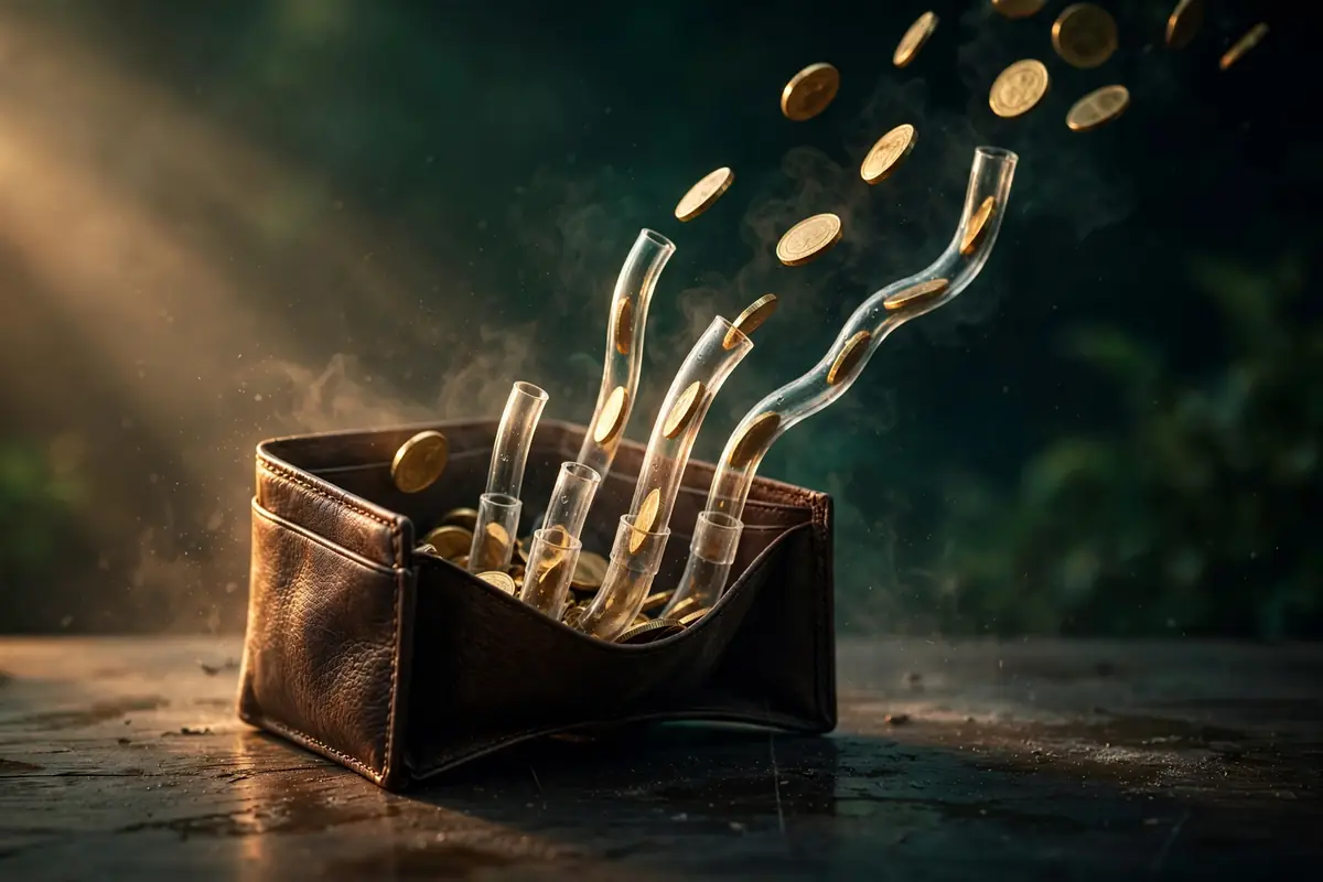 A brown leather wallet with glass tubes rising out of it, draining gold coins away in small recurring charges