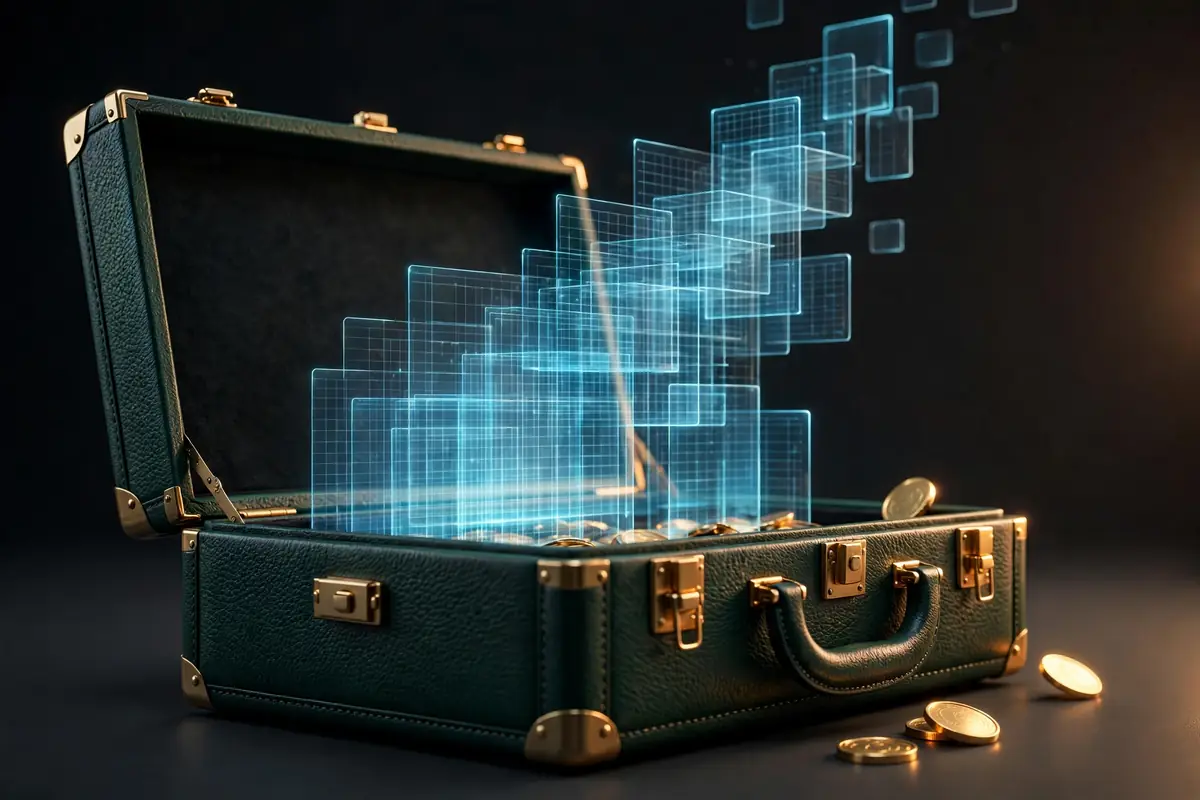 An open emerald leather briefcase with gold coins, glowing holographic spreadsheet grids rising from it, the Essential Money Toolkit bundle