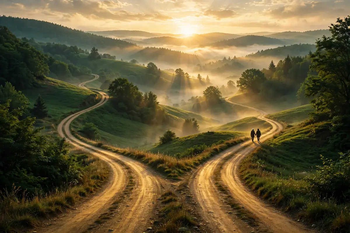 Two winding dirt roads through green hills at sunrise, a couple walking hand in hand along one of them