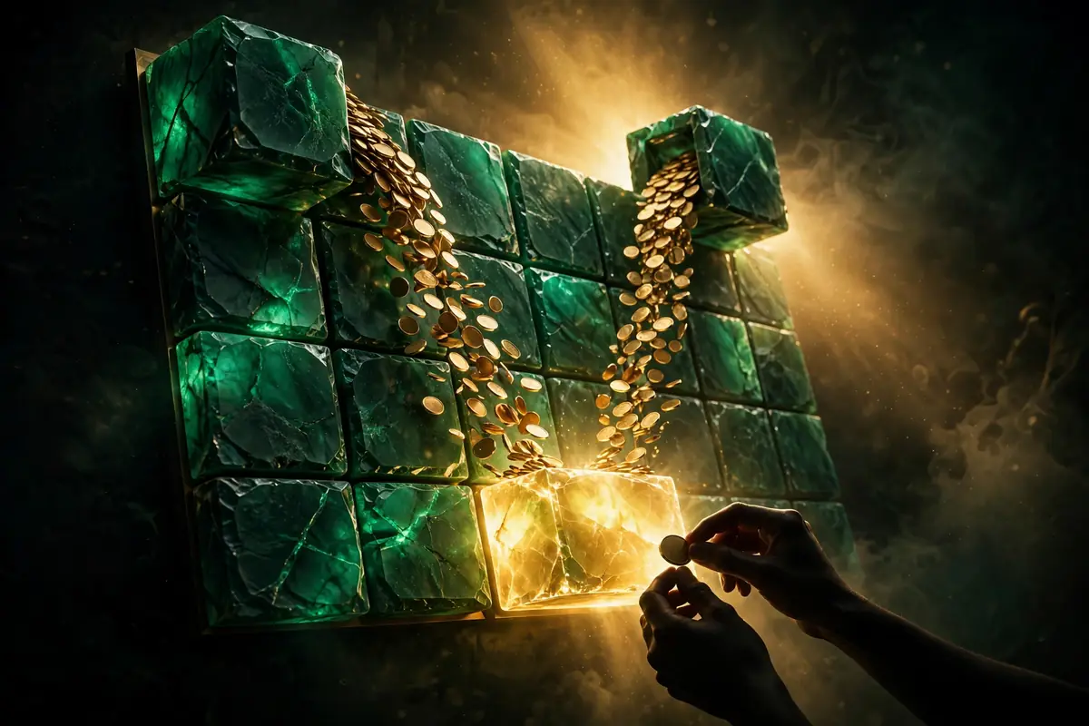 Emerald stone calendar blocks with gold coins flowing into one glowing golden block, hands placing a coin beside it.