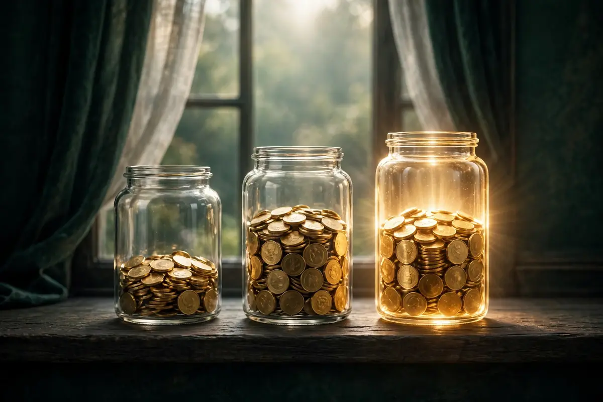 Three glass jars filling with gold coins on a dark windowsill in morning light, the fullest jar glowing warm gold.