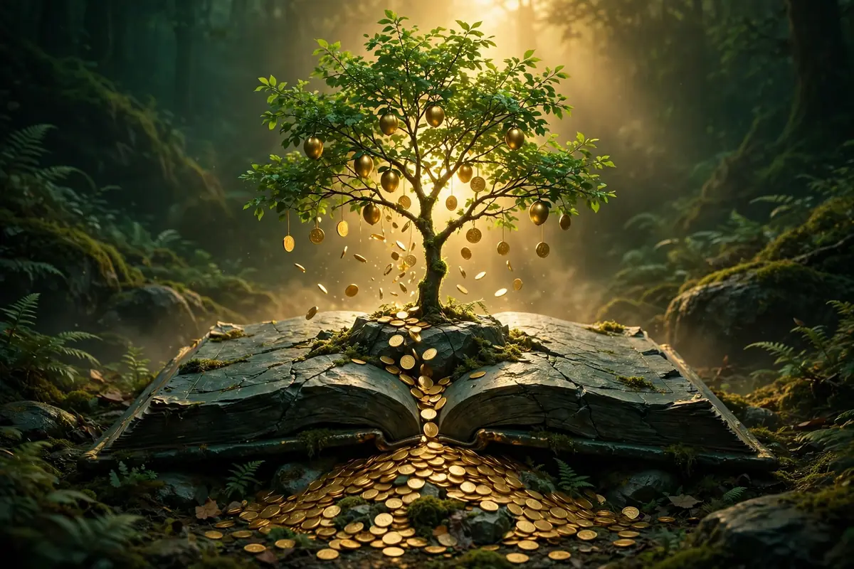 A young green tree growing from an open stone ledger, gold coins falling from its branches into a growing pile.