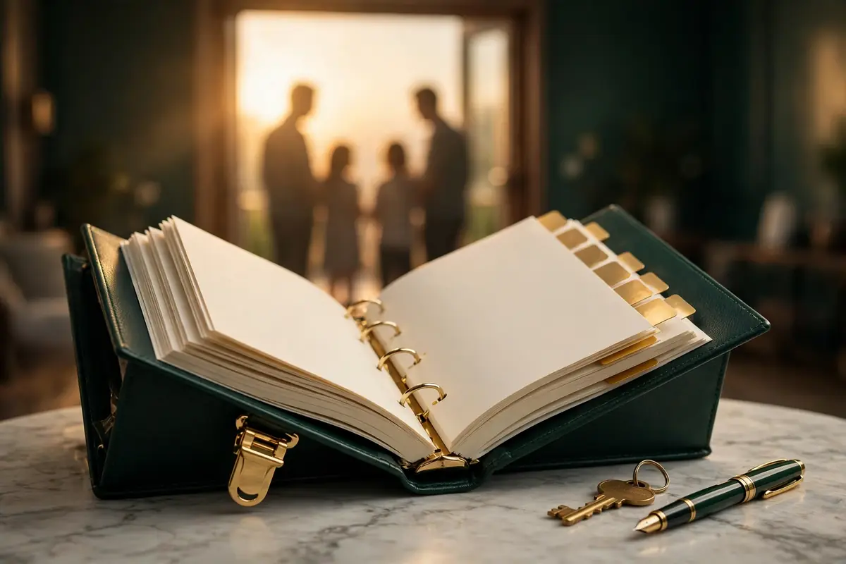 An open dark emerald binder with gold tabs on a marble table, a house key and fountain pen beside it, a family in doorway light.