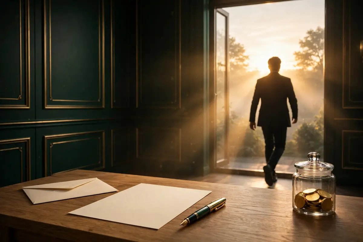A desk with a plain envelope, blank paper, a fountain pen and a jar of gold coins, a man walking toward sunrise.