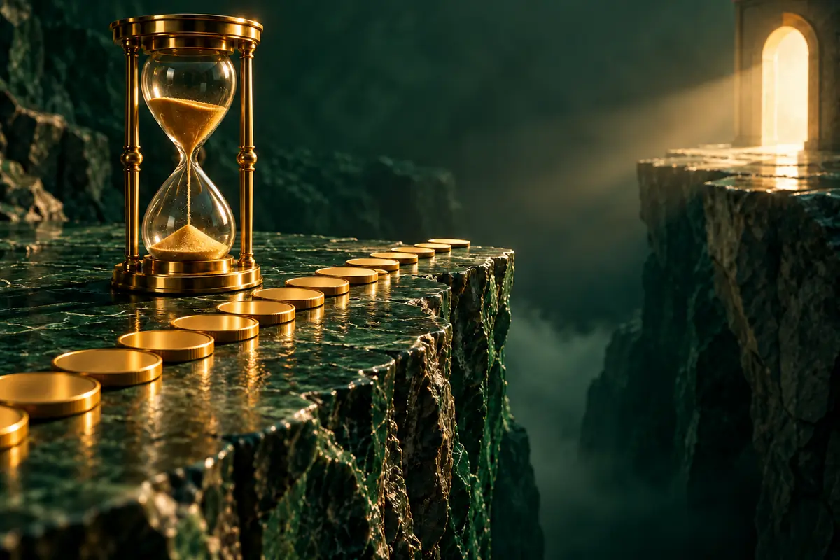 Golden hourglass on a cliff edge with coins running out, calculating your emergency fund runway after a layoff