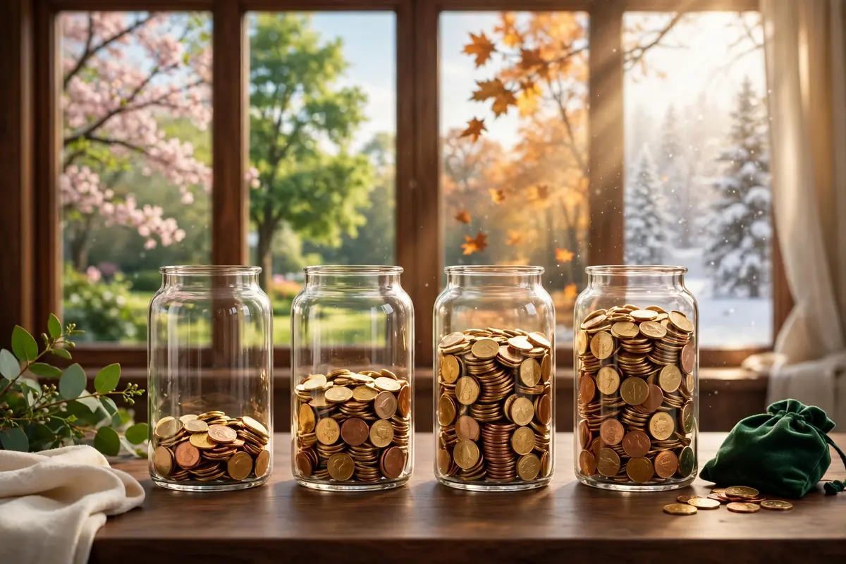 Four glass jars filled with gold coins on a windowsill, the window behind them showing the four seasons
