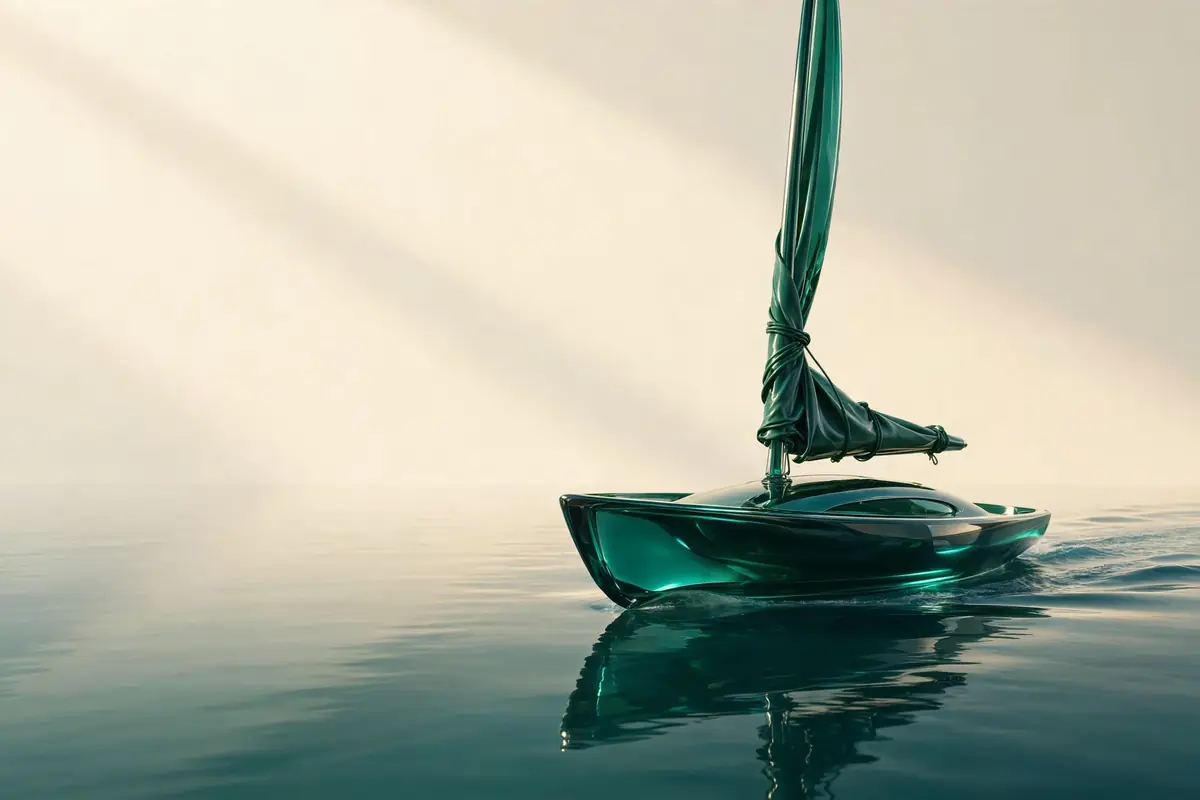 A glass sailboat with a furled sail floating on calm water